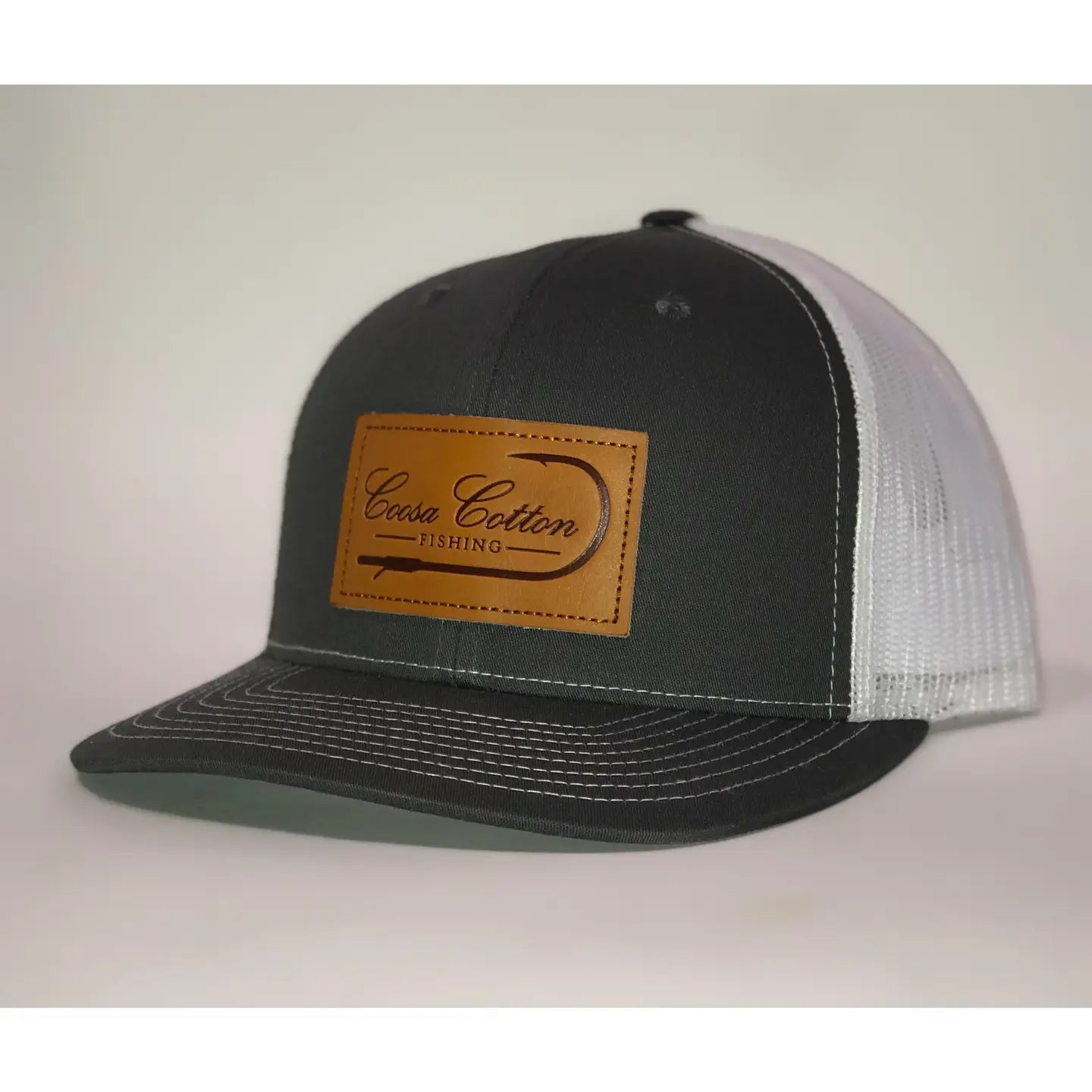 Coosa Cotton- Leather Patch Trucker Hat, Charcoal White