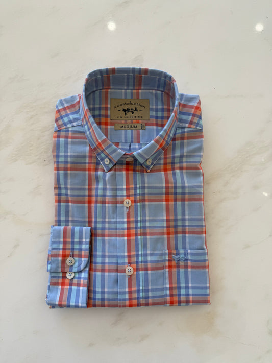 Coastal Cotton-Stretch Sports Shirt, Watercolor Plaid