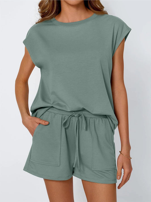 Women's Round Neck Two Piece Set, Bay Green
