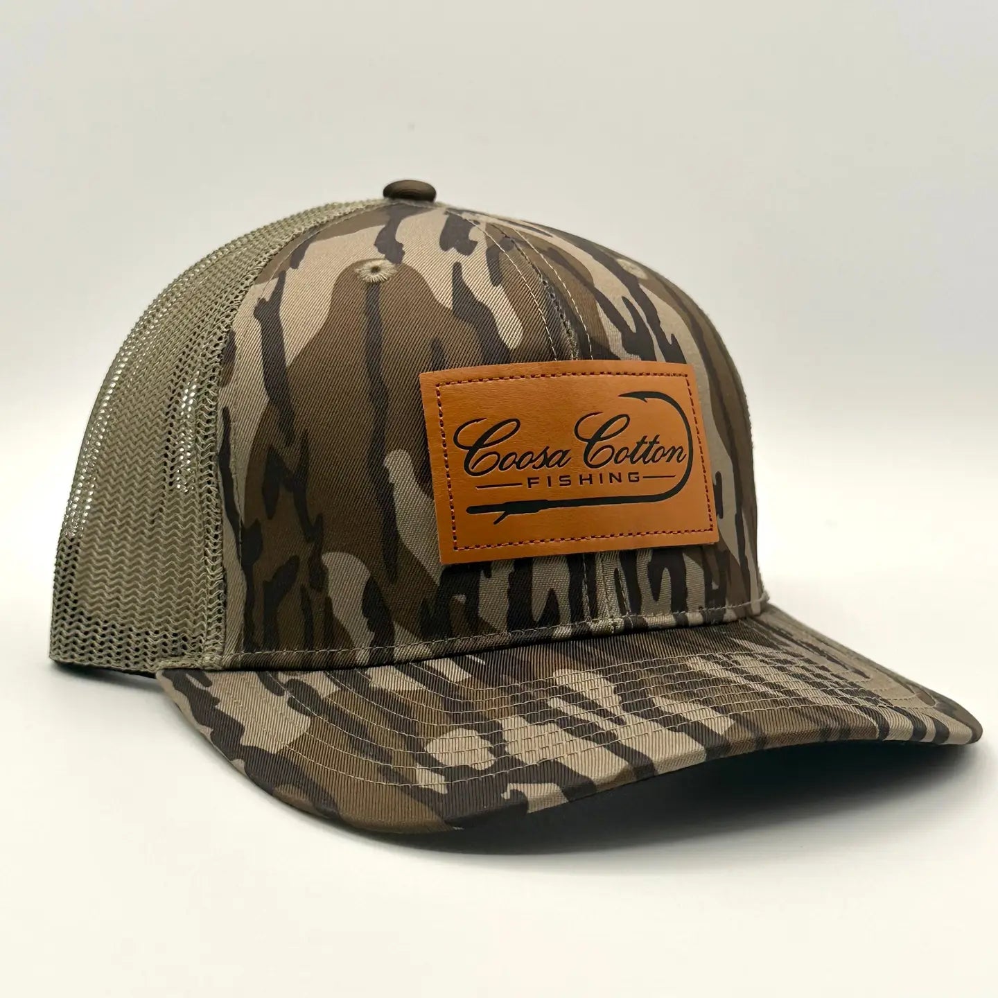 Coosa Cotton- Leather Patch Trucker Hat, Mossy Oak Bottomland