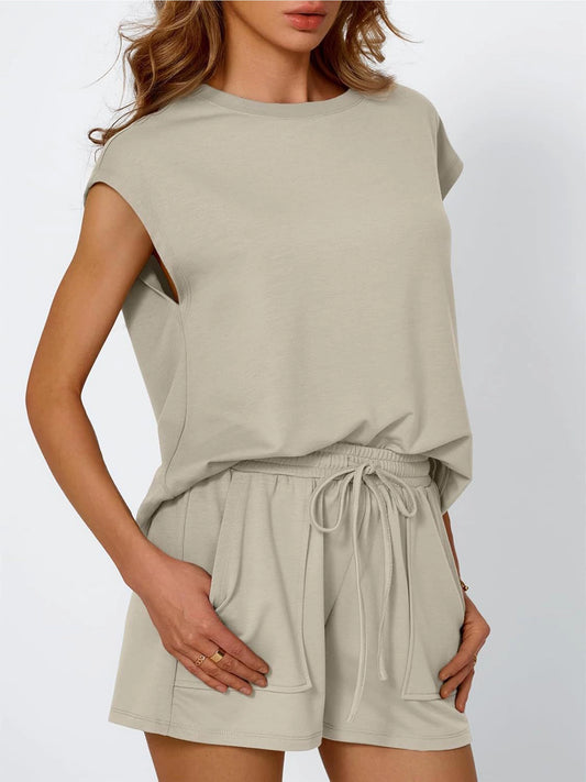 Women's Round Neck Two Piece Set, Tan