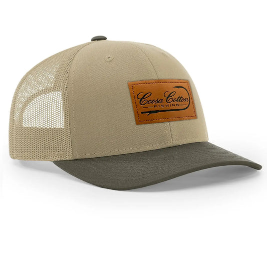 Coosa Cotton- Leather Patch Trucker Hat, Khaki Brown
