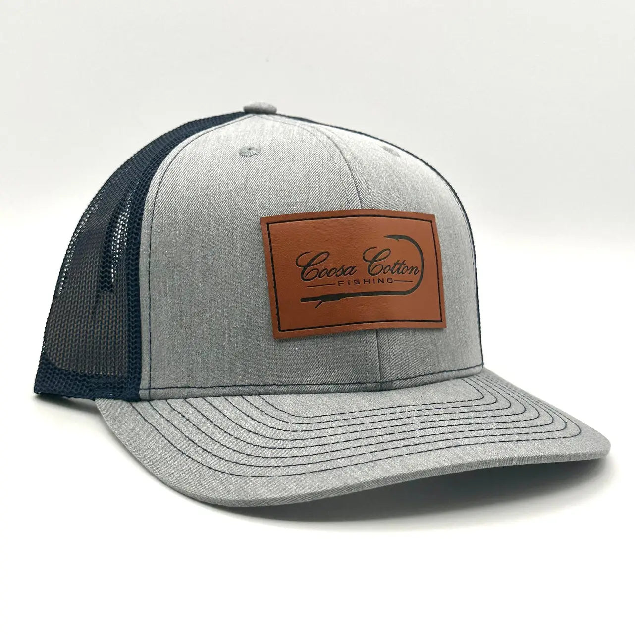 Coosa Cotton- Leather Patch Trucker Hat, Grey Navy