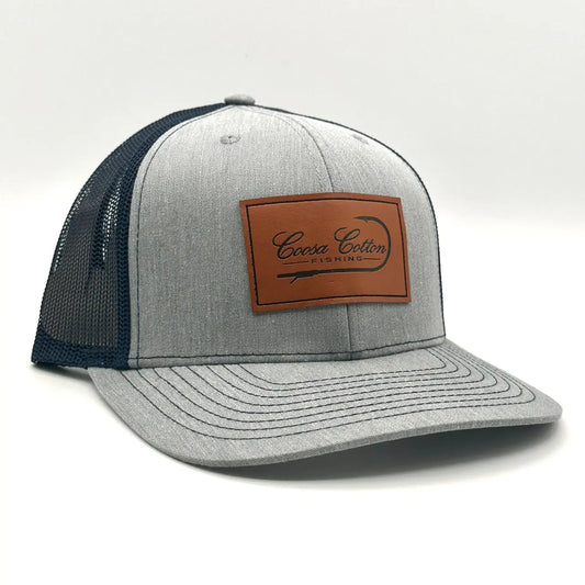 Coosa Cotton- Leather Patch Trucker Hat, Grey Navy