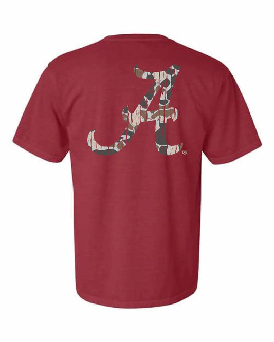 Speckle Bellies-Alabama A Script Camo Tee