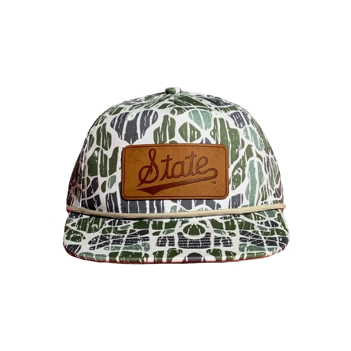 Speckle Bellies- State script leather patch, Foggy Marsh Vein camo