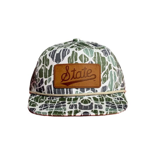 Speckle Bellies- State script leather patch, Foggy Marsh Vein camo
