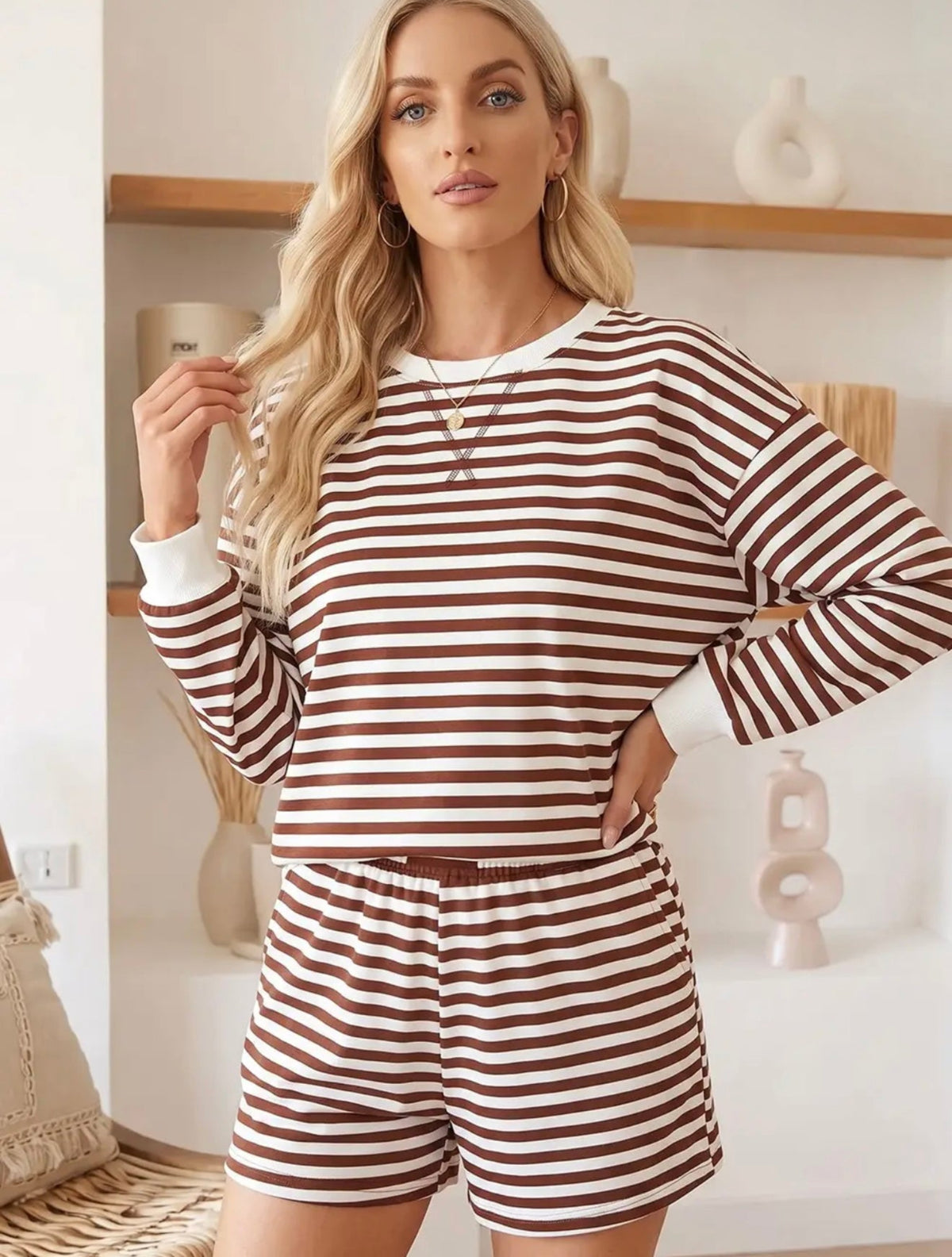 Women’s- Striped Lounge Set, Coffee
