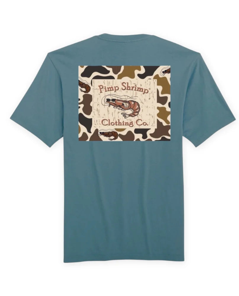 Pimp Shrimp- Camo Back SS Tee, Slate