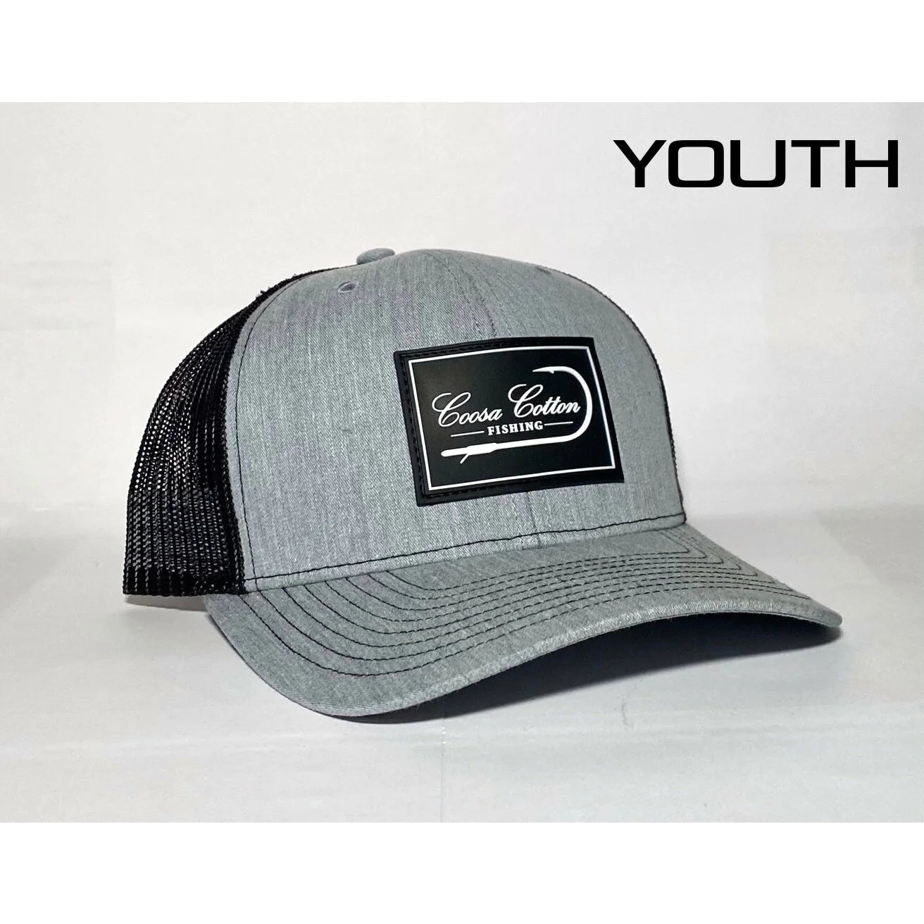 Coosa Cotton- Youth Grey/Black Trucker Hat, Rubber Patch