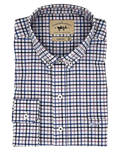 Coastal Cotton-Classic Sport Shirt, Red/White and Blue Check
